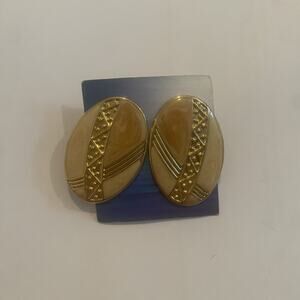 Vintage EDGAR BEREBI Gold Tone Champagne Enamel Modernist Pierced Earrings